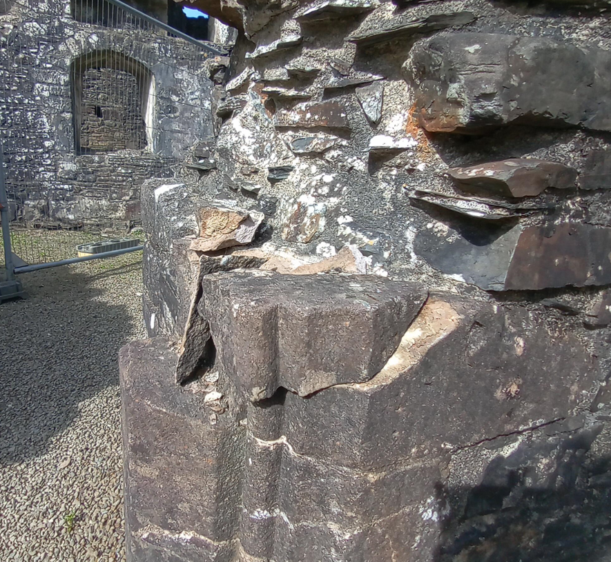 Damage to Okehampton Castle caused by stones having been removed.jpg
