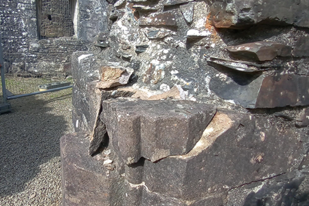 Damage to Okehampton Castle caused by stones having been removed.jpg